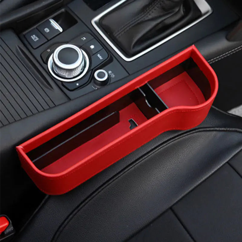 Red car organizer in a vehicle's console area