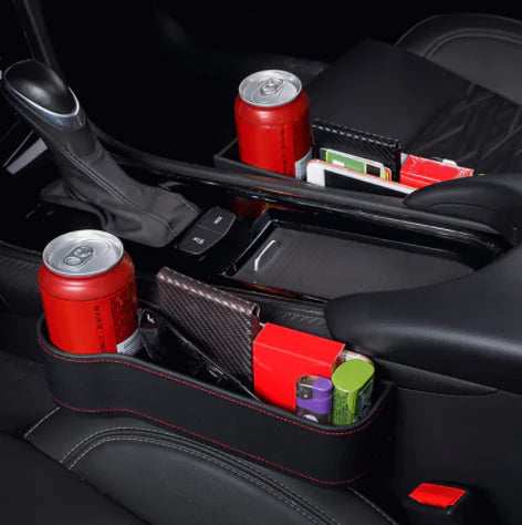 Car organizer with drinks and items on a car seat