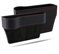 Black car organizer with red stitching on a white background