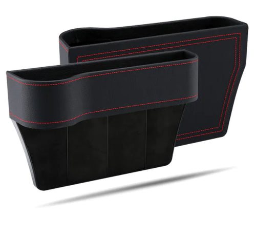 Black car organizer with red stitching on a white background