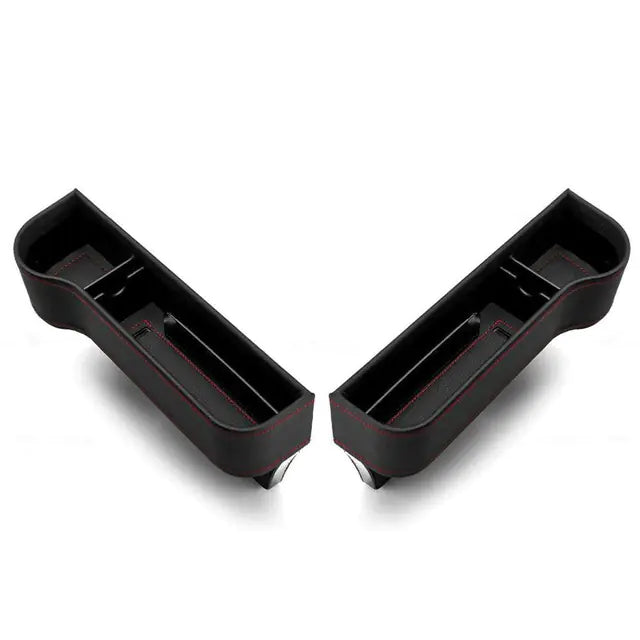 Two black car cup holders with red stitching on a white background